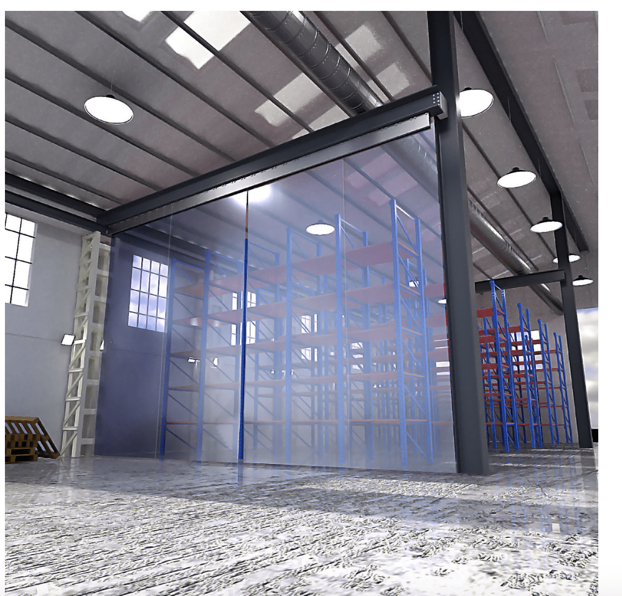 Industrial warehouse interior featuring blue shelving units
